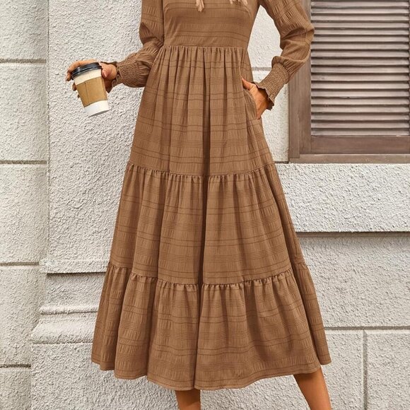 Women's Fall Dresses 2025 Puff Long Sleeve Square Neck Dress High Waist Smocked - Picture 8 of 9